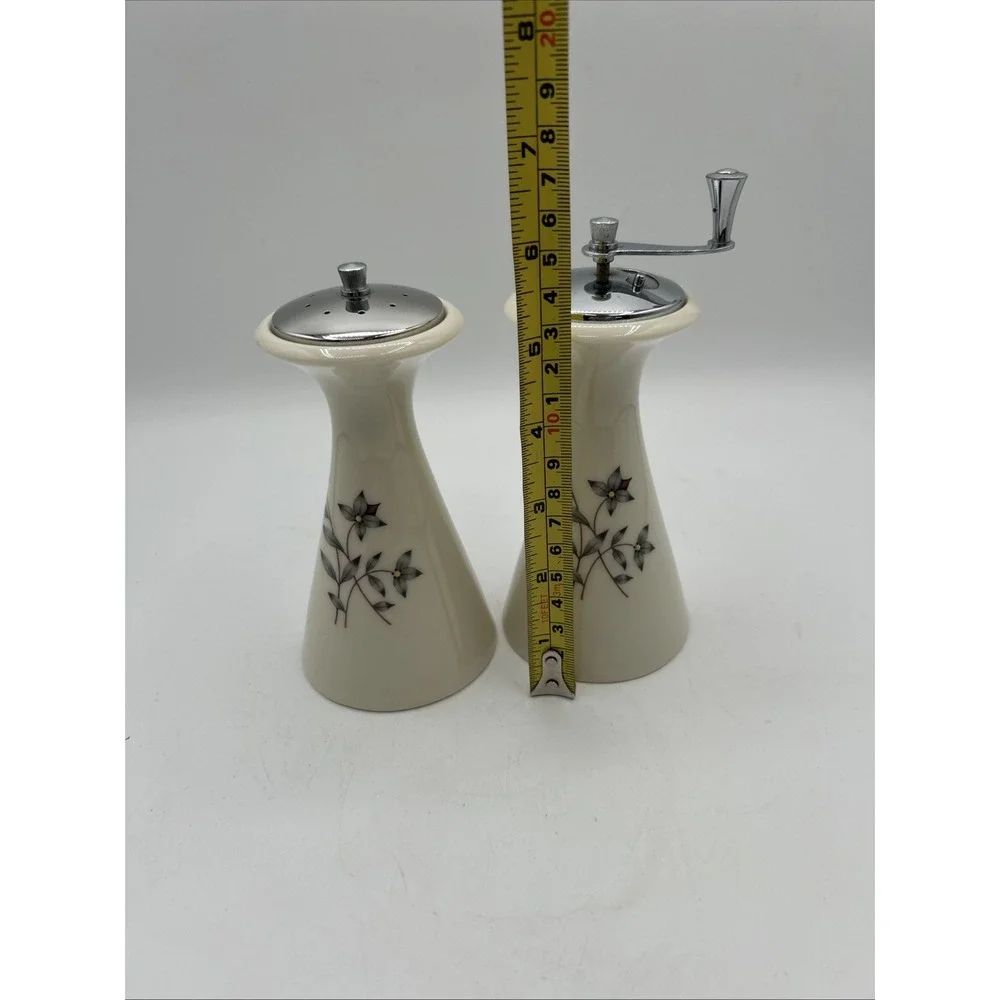 Lenox Salt Shaker and Pepper Mill Set Cream Floral Chrome Top Mid Century Modern